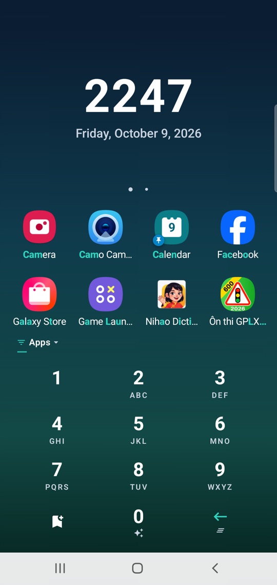 Tapnine home screen: typing 2-2-6 on the T9 keypad finds Camera, Calendar and other apps